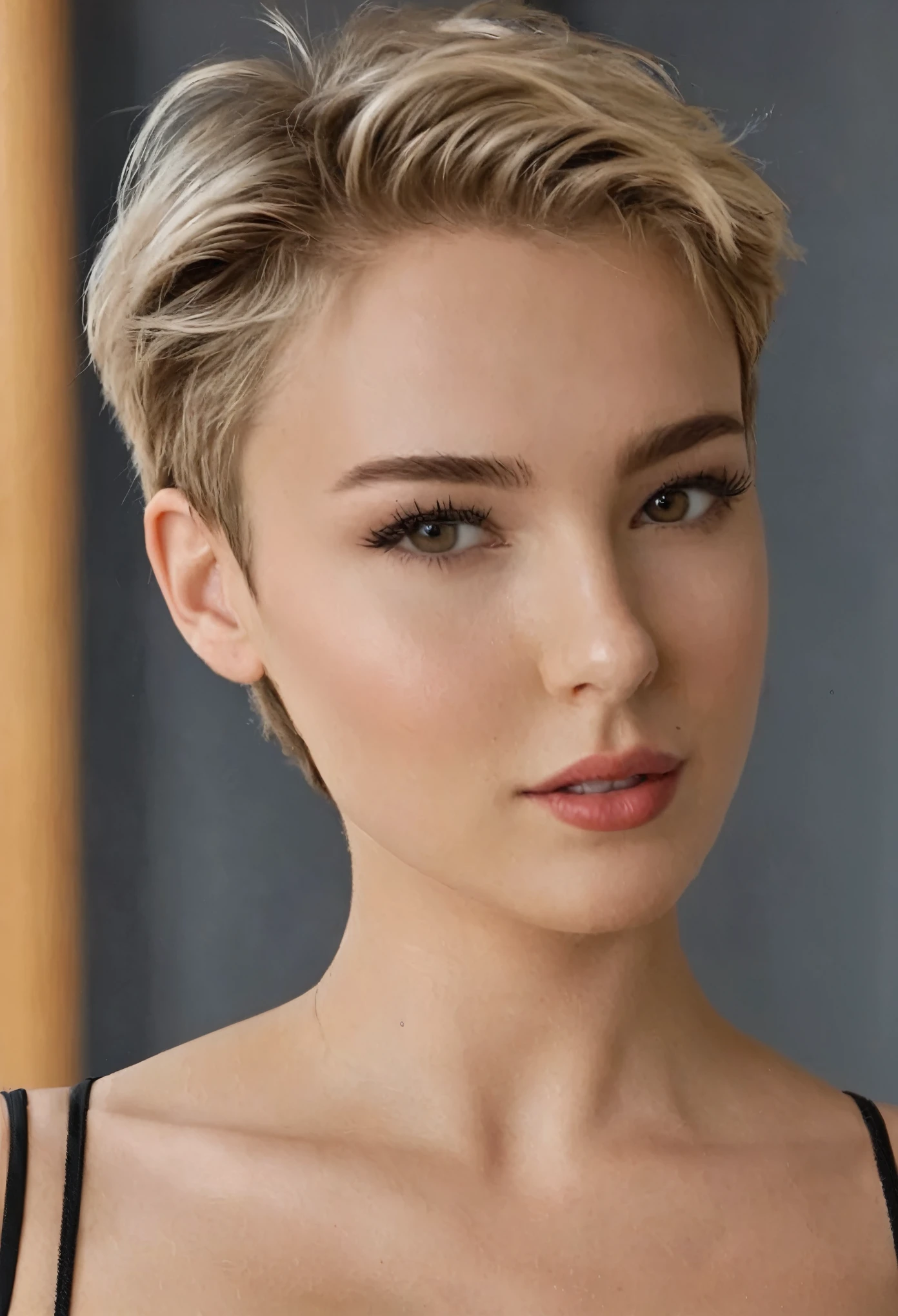 A woman with a short blond haircut wearing a black top - SeaArt AI