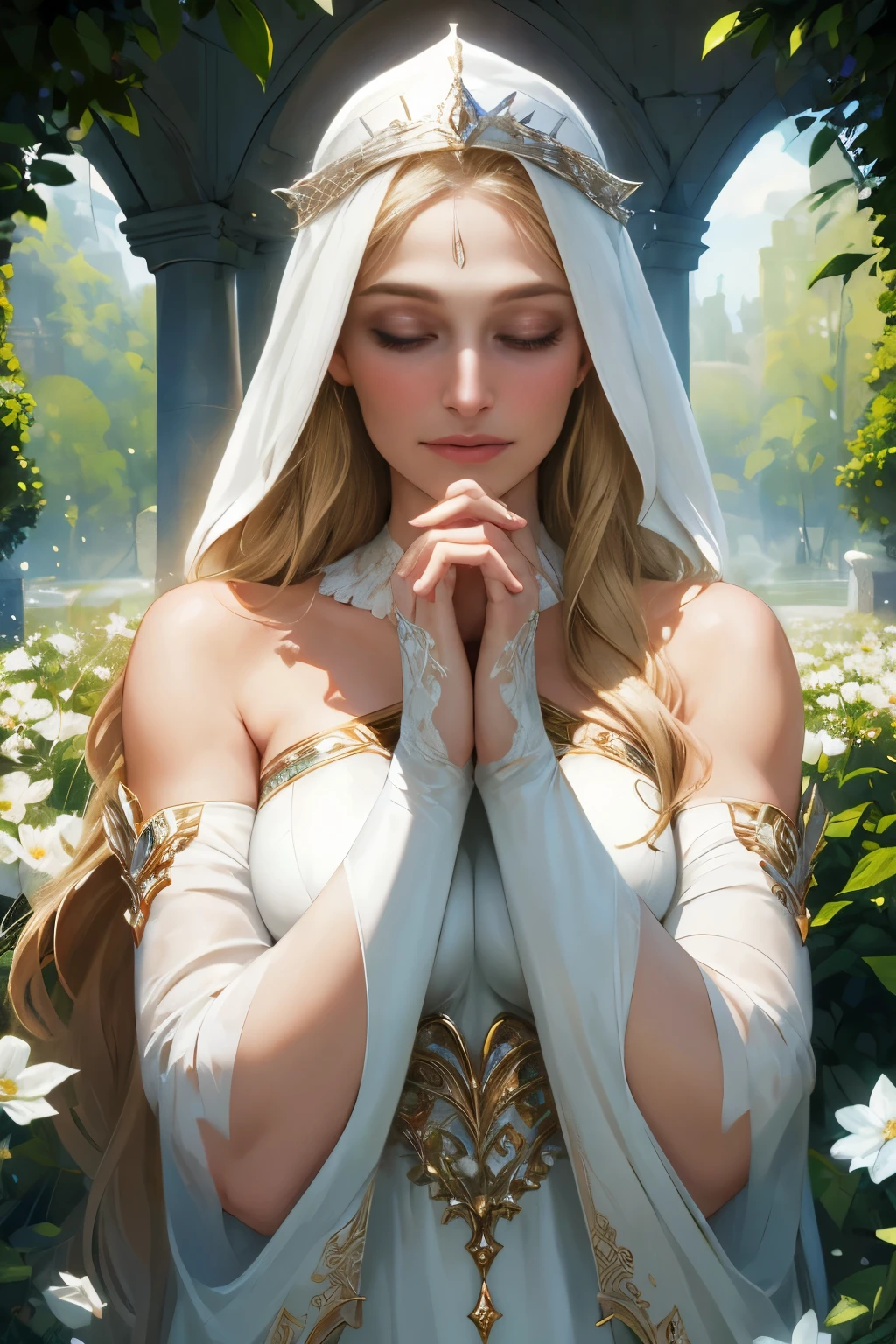 fantasy, Holy Virgin, Goddess, day, gardens, girl, sweet face, with long pale blonde hair, hands folded in a prayer gesture, in a light open white dress with diamonds on the fabric, open shoulders, expressive breasts, gorgeous, face looks like Natalie Portman, HD