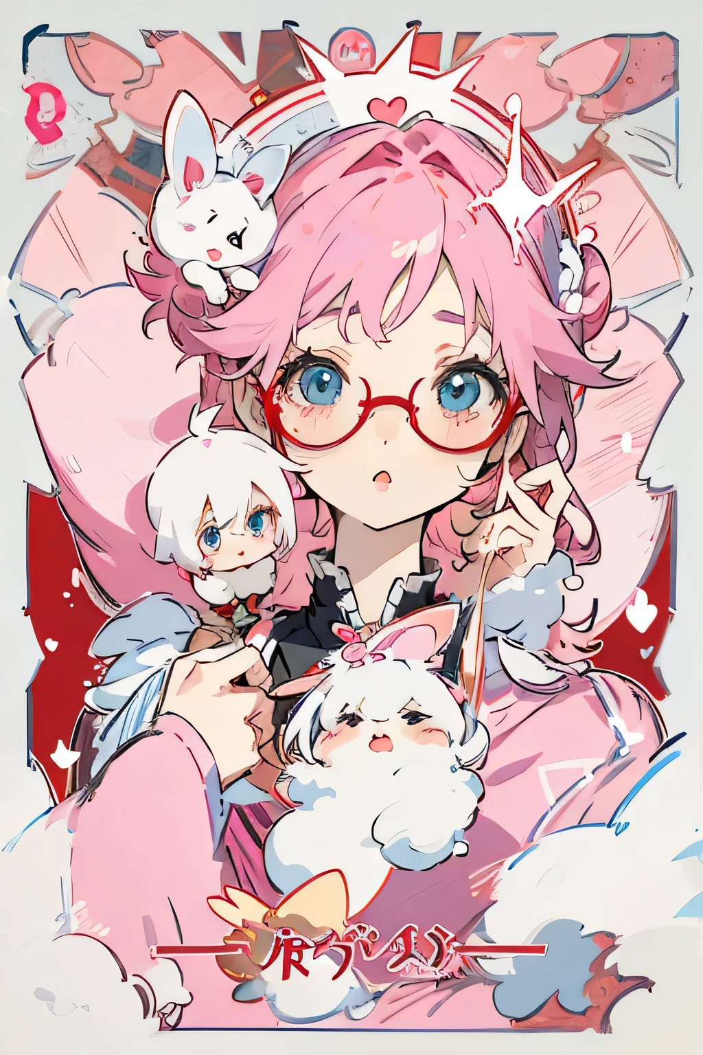 Pink hair, cute bunny girl, blue eyes, pale skin, wearing red glasses, cute, kawaii, masterpiece, high quality, detailed face, full body