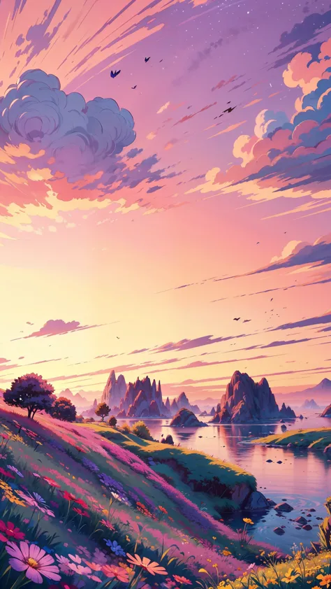 a pink and purple sky with stars in the sky, pixar movie screenshot, frame from pixar movie, pixar movie panorama, still from a ...