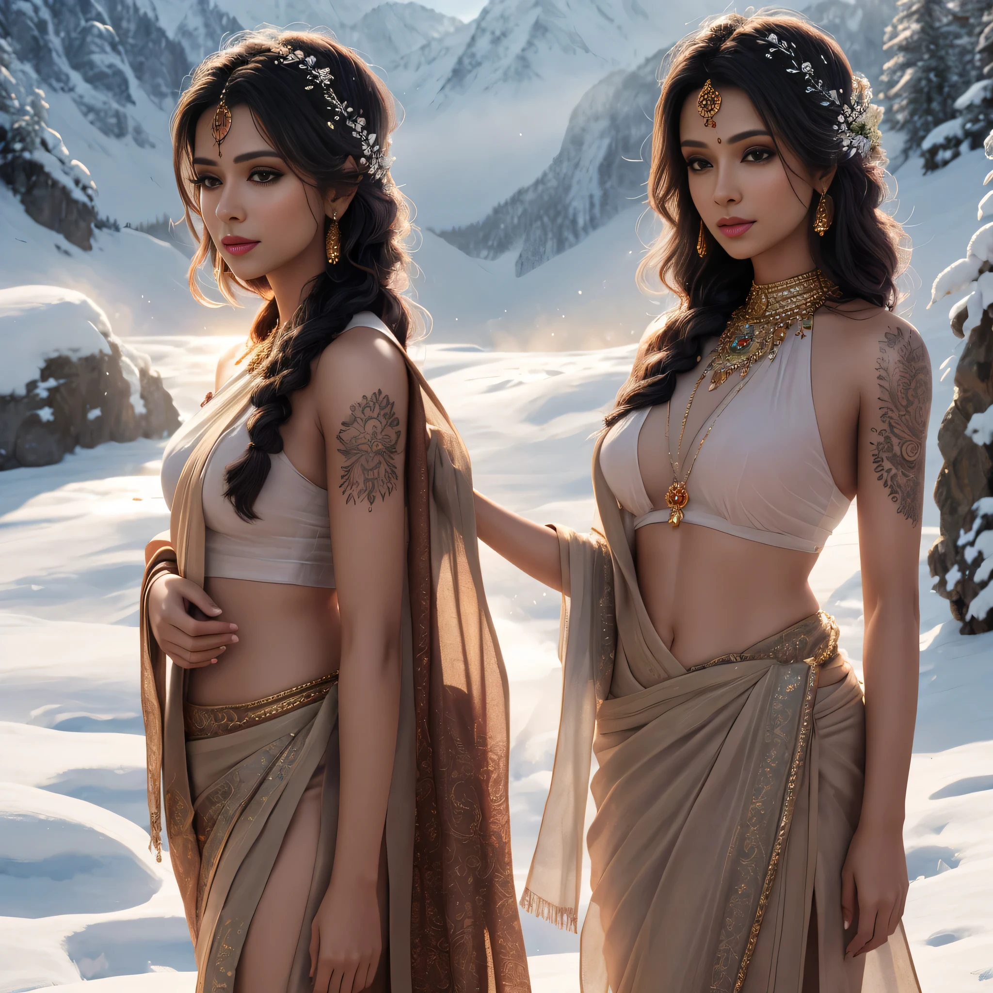 There is an indian light brown beautiful woman wearing sari, tattooed body, photoshoot posing, mountain village, winter, detailed face, detailed body, perfect anatomy, long bob hair, masterpiece, ultra realistic, detailed background, high resolution, god rays, ambient occlusion, ray tracing, ambient lighting, depth of field, bloom, volumetric lighting, volumetric fog, winter, SSAO, lens flare, 8K