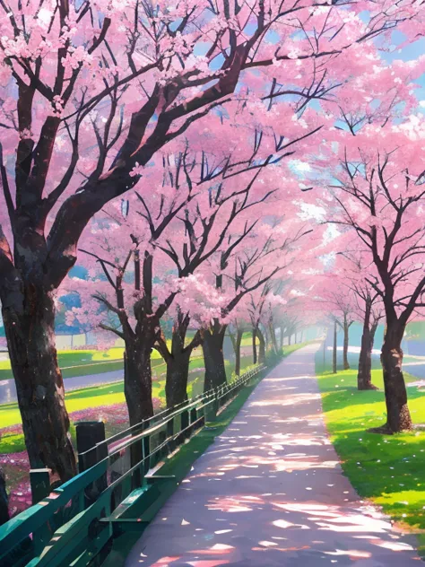 good morning, I hope you have a wonderful day today, The morning sunlight is dazzling, The cherry blossom trees are a mix of pin...