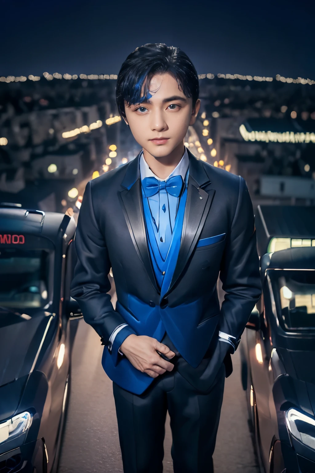 highest quality, masterpiece, Ultra-high resolution, (Realistic:1.4), Detailed face, Fine grain, RAW Photos, 25 year old handsome man, Black Hair, (whole body), View from above, (Neon city at night:1.2),((( Wearing a blue tuxedo:1.5)))