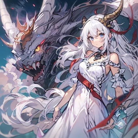 ((masterpiece)), ((bestquality)), 1 girl, solo, a 15-year-old girl, white hair, blue eyes, detailed face, dragonian_head, dragon...