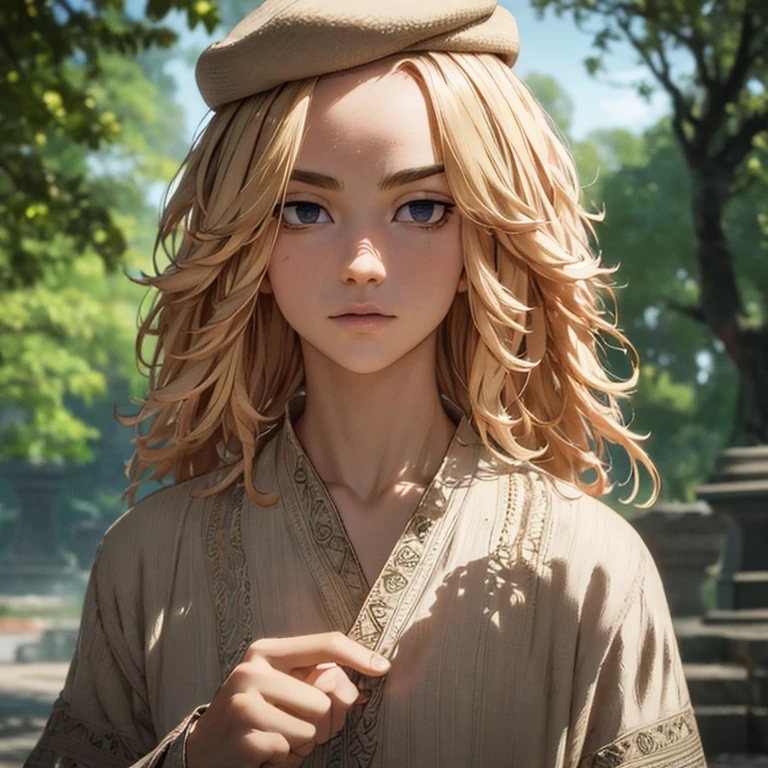 photorealistic, (4k), depth of field, (Masterpiece), (realistic skin texture), extremely detailed, intricate, hyper detailed, high resolution, professional photography, bokeh, depth of field, sharp detail, best quality, looking at viewer, 1boy, solo, male focus, manjirou_sano, blonde hair, black eyes, , linen shirt, fedora, The Shrine of the Lost,romantic, 1 girl, solo , girl focus, black hair, brown eyes, dress