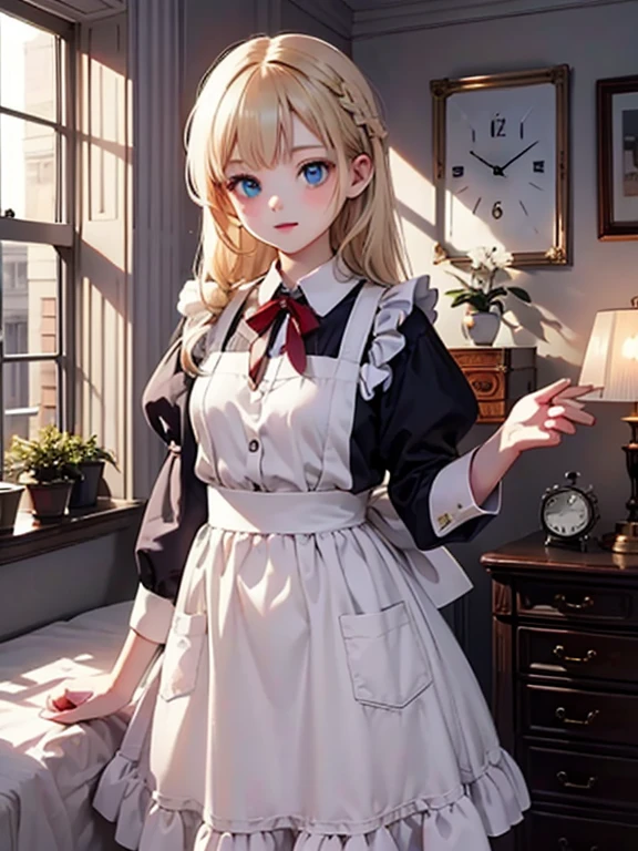 masterpiece, highest quality, Very detailed, 16k, Ultra-high resolution, Alice in Wonderland, Fantasy, One 12-year-old girl, Detailed face, blue eyes, Blonde, Braid, Red ribbon on head, Blue Dress, White apron, A room full of clocks, Clock, wall clock, Alarm Clock, Pocket watch, night, dim, chandelier