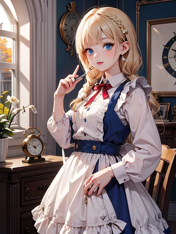 masterpiece, highest quality, Very detailed, 16k, Ultra-high resolution, Alice in Wonderland, Fantasy, One 12-year-old girl, Detailed face, blue eyes, Blonde, Braid, Red ribbon on head, Blue Dress, White apron, A room full of clocks, Clock, wall clock, Alarm Clock, Pocket watch, night, dim, chandelier