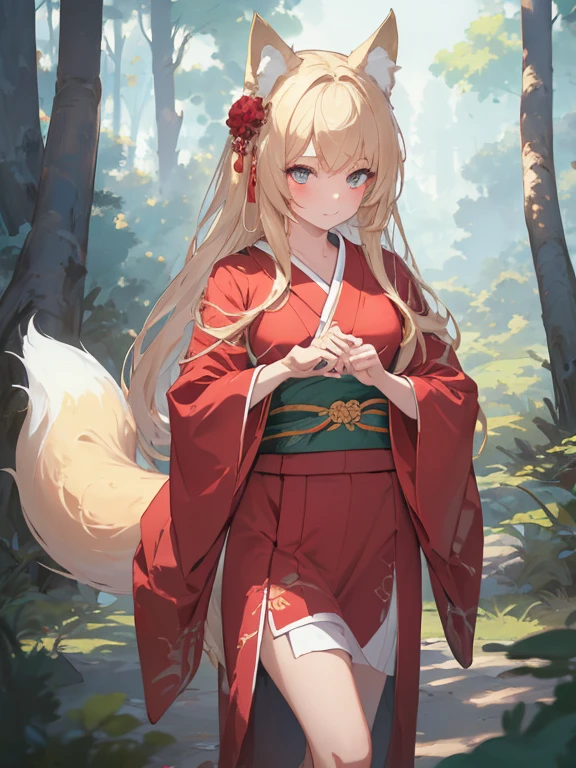 masterpiece, highest quality, Very detailed, 16k, Ultra-high resolution, Cowboy Shot, One 14-year-old girl, Detailed face, Perfect Fingers, Fox Ears, tail, Golden Eyes, Blonde, Long Hair, Red kimono, in the forest, During a walk