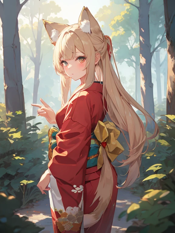 masterpiece, highest quality, Very detailed, 16k, Ultra-high resolution, Cowboy Shot, One 14-year-old girl, Detailed face, Perfect Fingers, Fox Ears, tail, Golden Eyes, Blonde, Long Hair, Red kimono, in the forest, During a walk