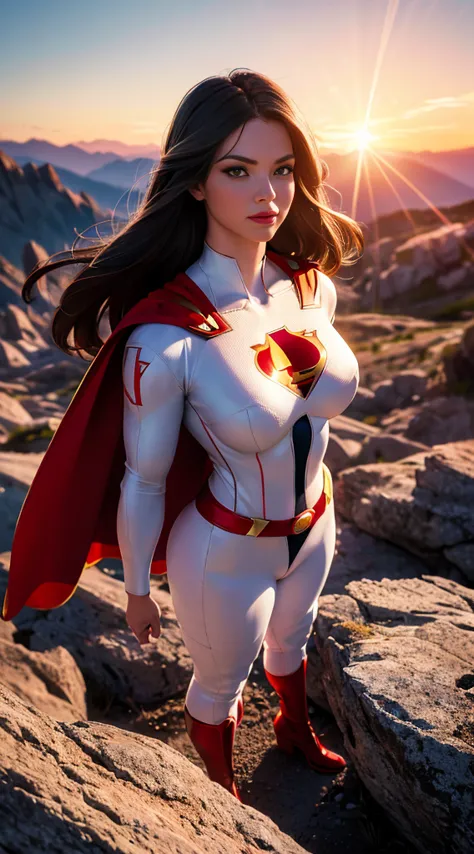 superman (woman, superman costume in white with red and gold details) от dc comics, cgi with clear focus, photorealistic, high d...