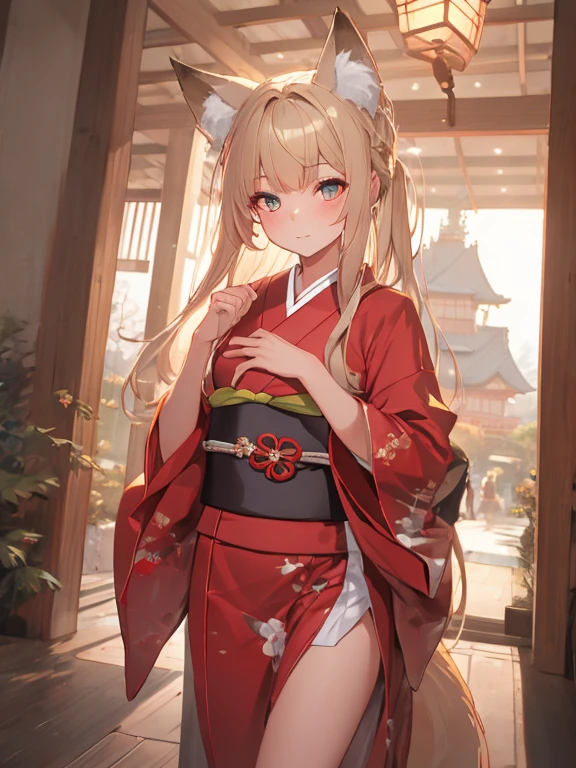 masterpiece, highest quality, Very detailed, 16k, Ultra-high resolution, Cowboy Shot, One 14-year-old girl, Detailed face, Perfect Fingers, Fox Ears, tail, Golden Eyes, Blonde, Long Hair, Red kimono, Japanese Castle, Japanese garden, Walking