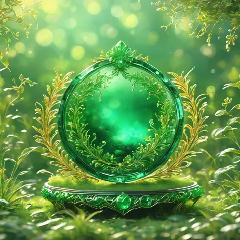 best quality, very good, 16K, ridiculous, Extremely detailed, Gorgeous transparent emerald gold trophy background grassland（（A m...