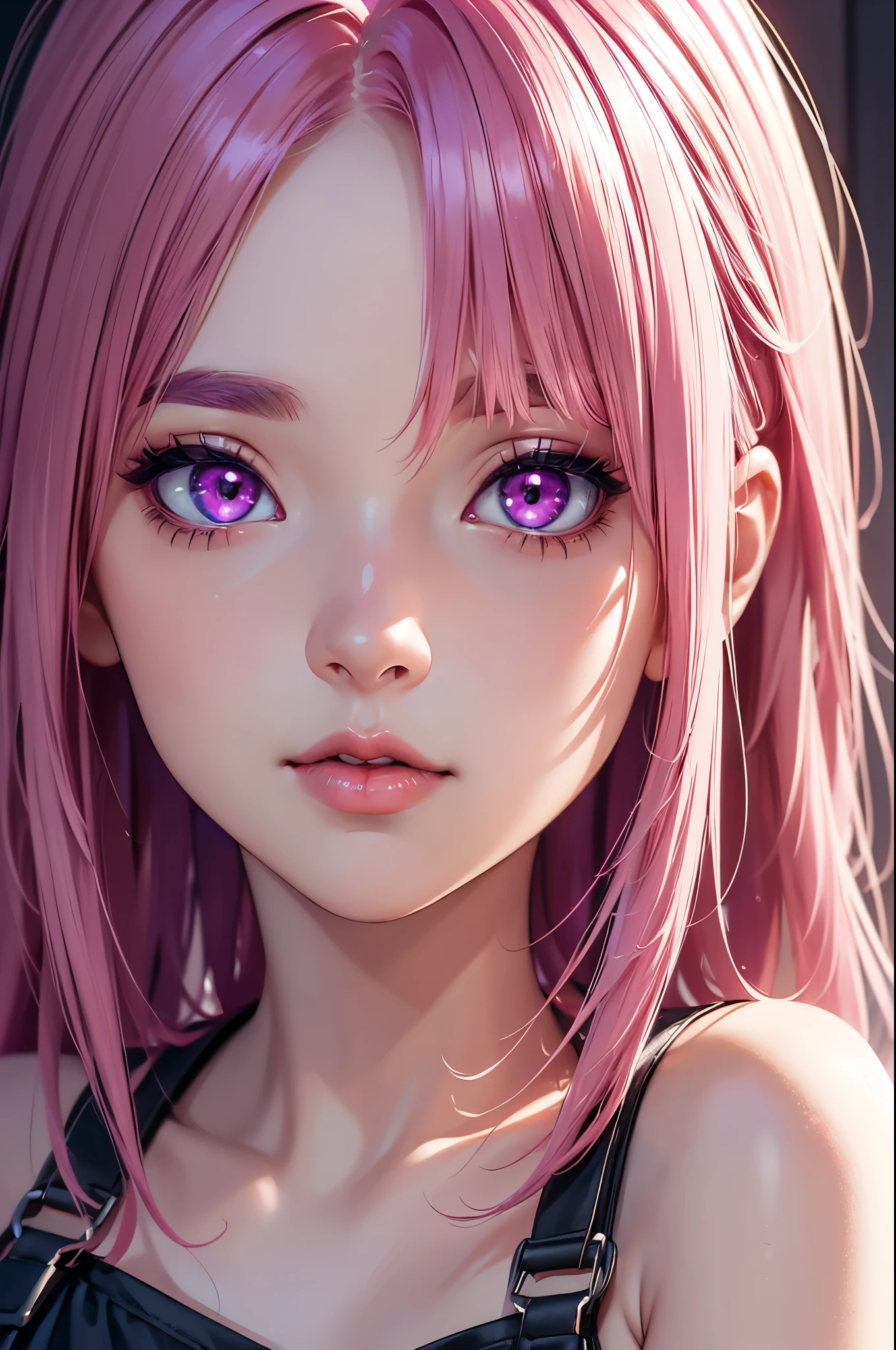 (Best quality at best,8K,A high resolution,tmasterpiece:1.2),Digital artwork, one girl，detailed face，detailed eyes，pink hair，long straight hair，glowing purple  eyes，red lip，Suspenders