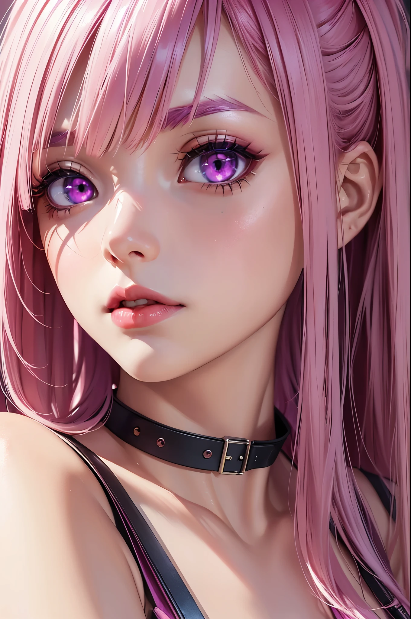 (Best quality at best,8K,A high resolution,tmasterpiece:1.2),Digital artwork, one girl，detailed face，detailed eyes，pink hair，long straight hair，glowing purple  eyes，red lip，Suspenders