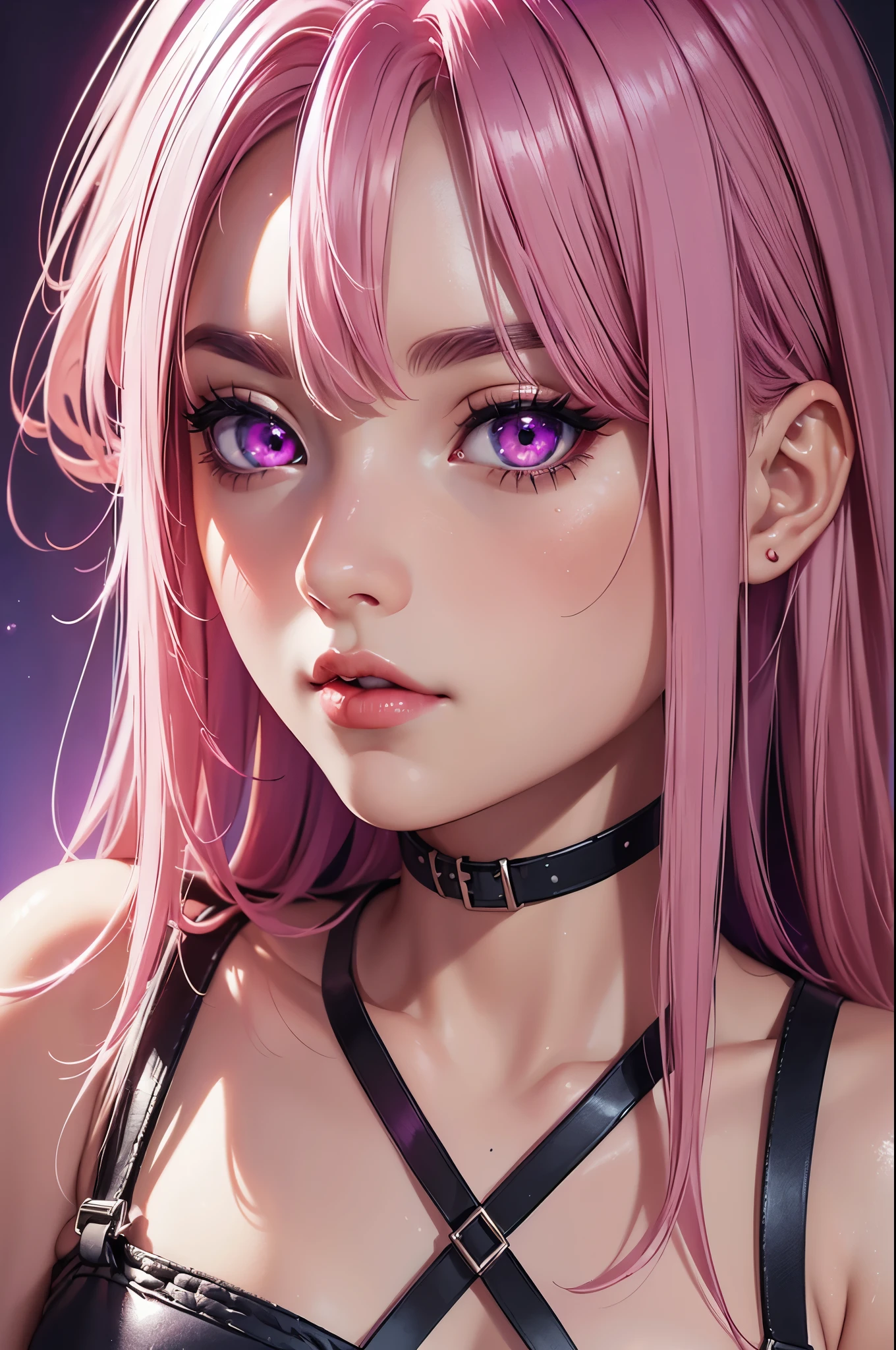 (Best quality at best,8K,A high resolution,tmasterpiece:1.2),Digital artwork, one girl，detailed face，detailed eyes，pink hair，long straight hair，glowing purple  eyes，red lip，Suspenders