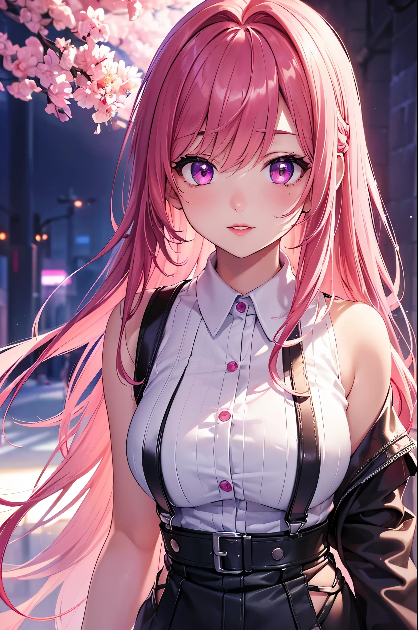 (Best quality at best,8K,A high resolution,tmasterpiece:1.2),Digital artwork, one girl，detailed face，detailed eyes，pink hair，long straight hair，glowing purple eyes，red lip，Suspenders