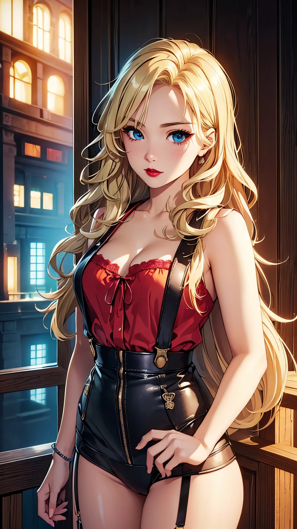 (Best quality at best,8K,A high resolution,tmasterpiece:1.2),Digital artwork, one girl，detailed face，detailed eyes，Blonde hair，long straight hair，glowing cyan  eyes，red lip，Suspenders