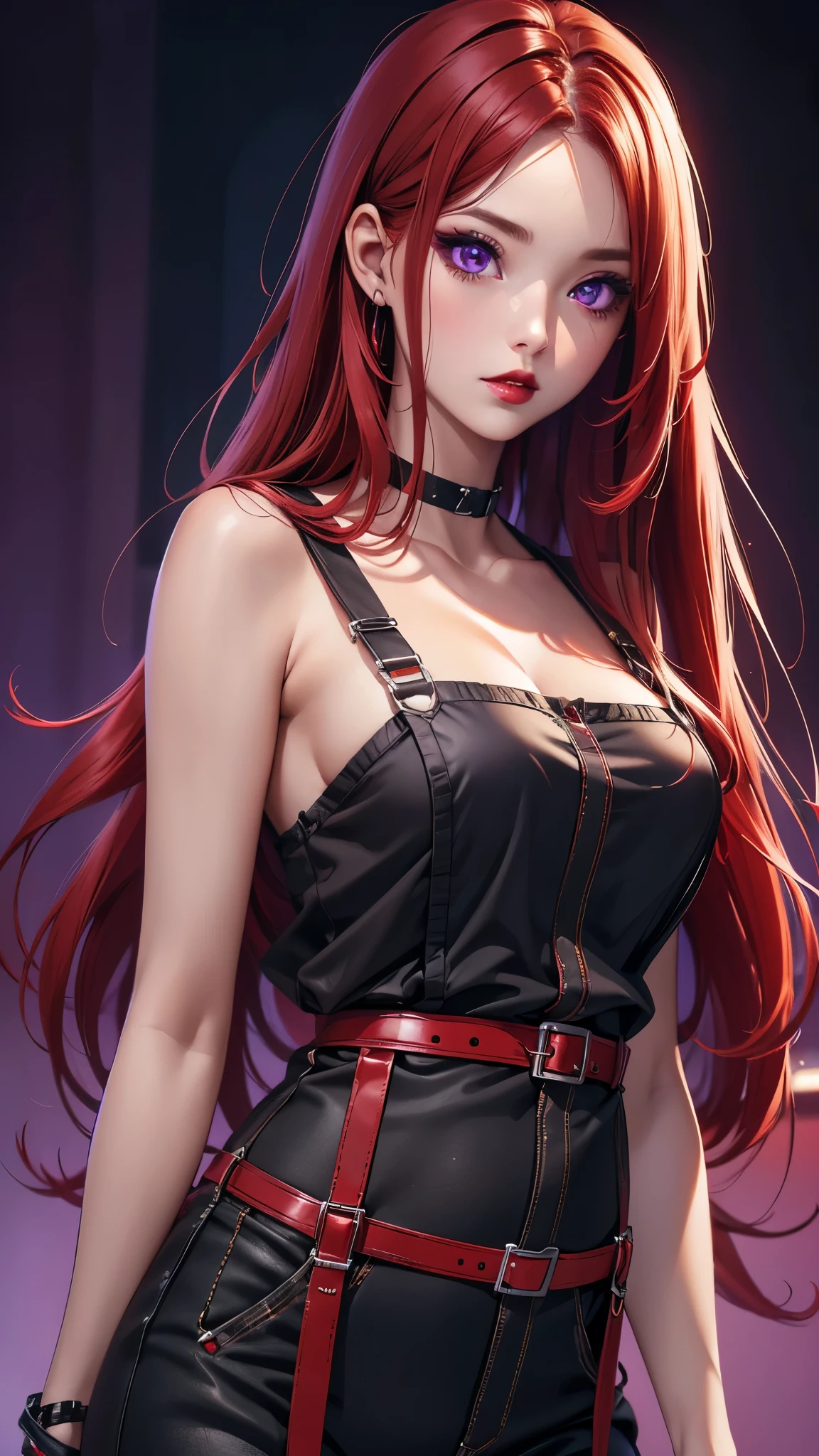 (Best quality at best,8K,A high resolution,tmasterpiece:1.2),Digital artwork, one girl，detailed face，detailed eyes，red hair，long straight hair，glowing purple  eyes，red lip，Suspenders