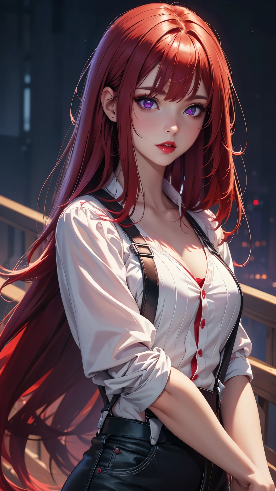 (Best quality at best,8K,A high resolution,tmasterpiece:1.2),Digital artwork, one girl，detailed face，detailed eyes，red hair，long straight hair，glowing purple  eyes，red lip，Suspenders
