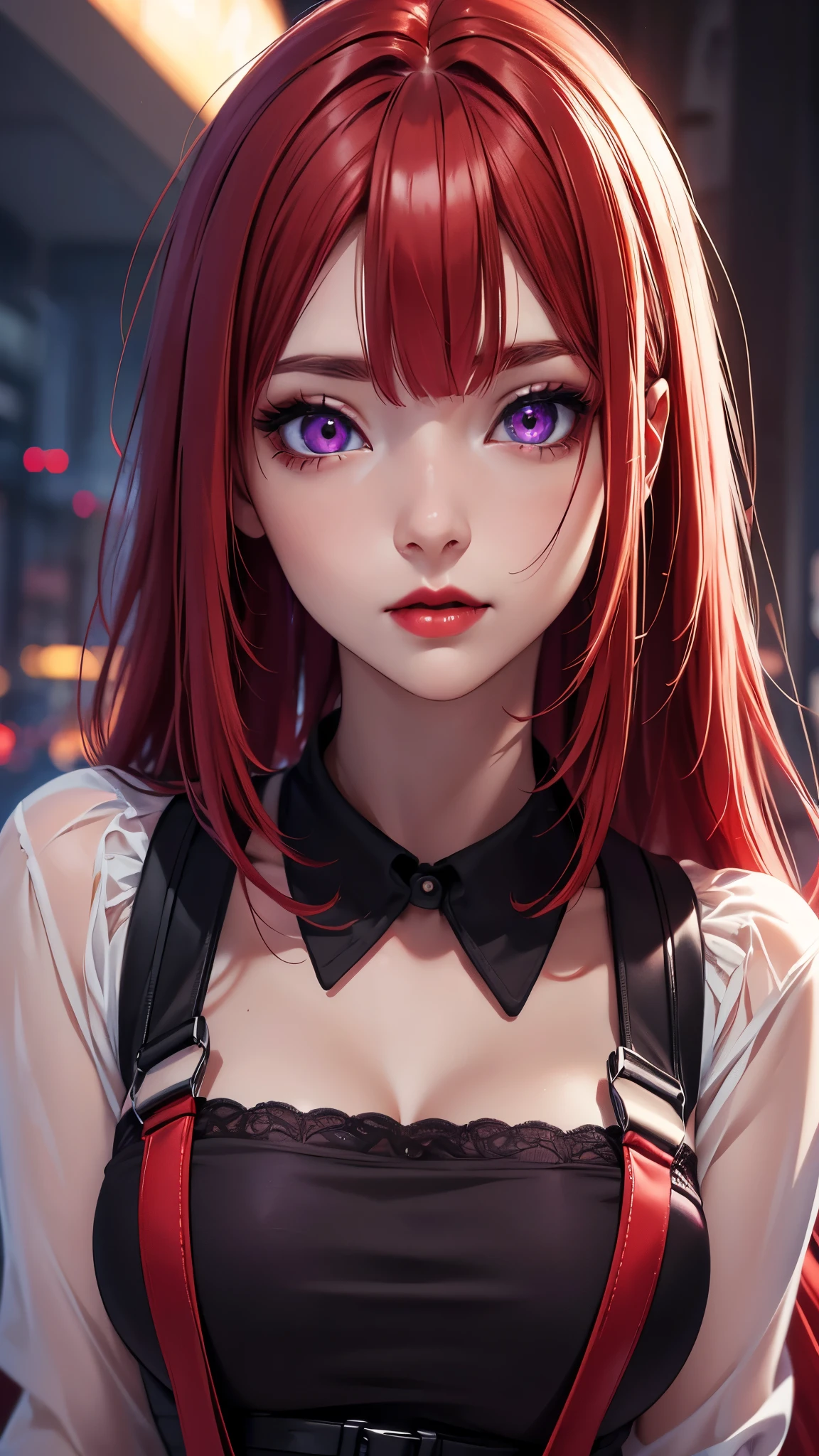 (Best quality at best,8K,A high resolution,tmasterpiece:1.2),Digital artwork, one girl，detailed face，detailed eyes，red hair，long straight hair，glowing purple  eyes，red lip，Suspenders