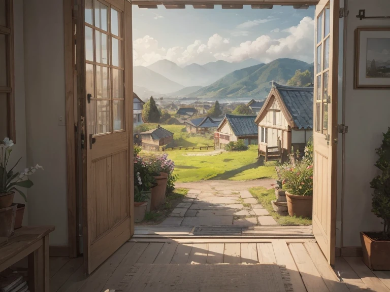 background landscape village countryside of Korea, rich details, beautiful illustration, digital drawing, Natural Light, HDR, intricate details, cinematic lighting effects, HD image quality, soft light, tyndall effect, dreamy, rich details, high quality, extremely high- resolution, (very detailed CG unity 8k wallpaper), first person pov, realistic houses, (view from outside), near open sliding door of house, view from outside of house, first person view, field of view