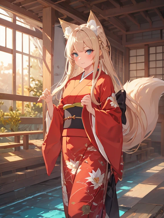 masterpiece, highest quality, Very detailed, 16k, Ultra-high resolution, Cowboy Shot, One 14-year-old girl, Detailed face, Perfect Fingers, Fox Ears, tail, Golden Eyes, Blonde, Long Hair, Red kimono, Japanese garden, Pool, lotus, gravel, Walking