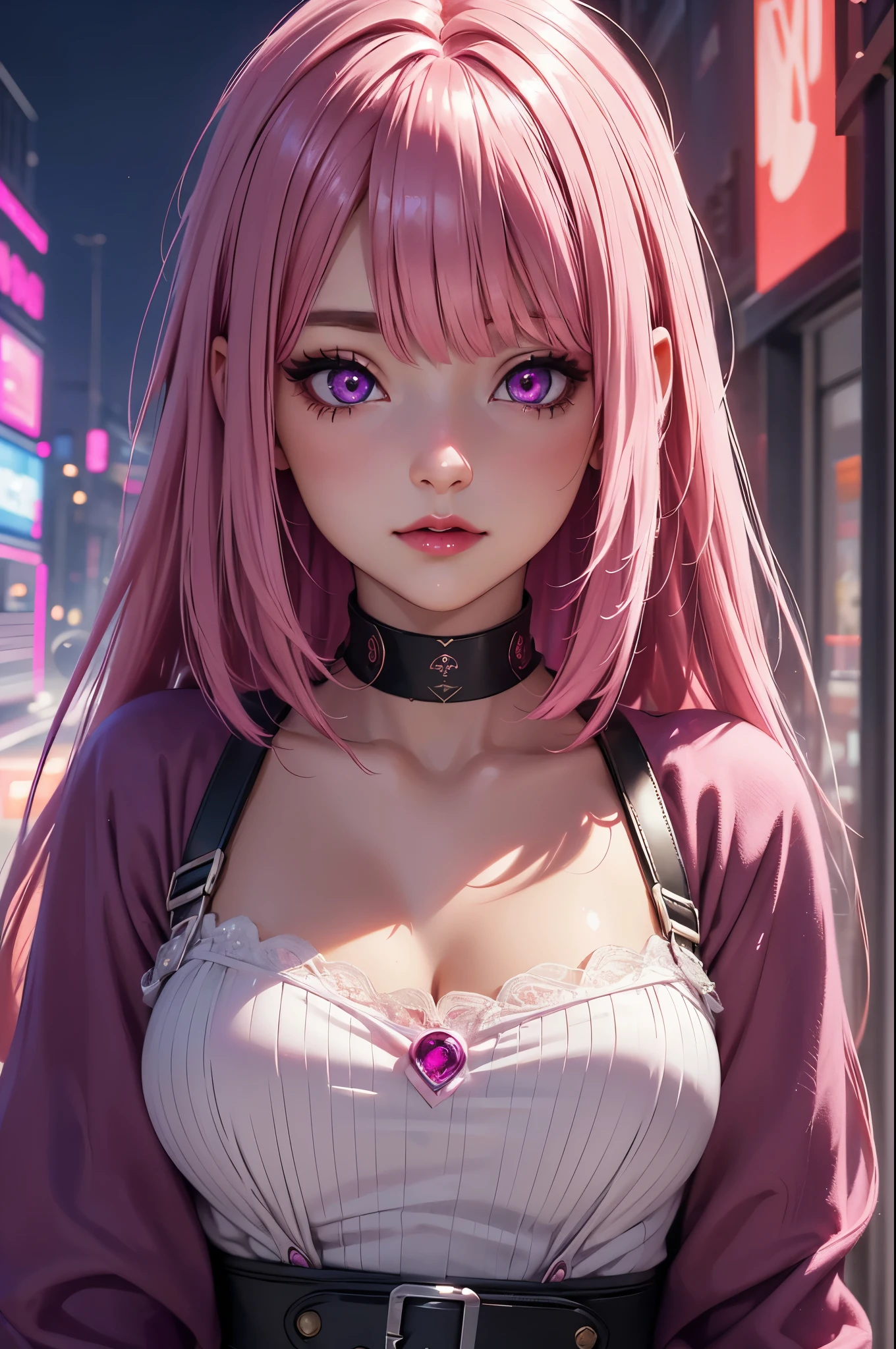 (Best quality at best,8K,A high resolution,tmasterpiece:1.2),Digital artwork, one girl，detailed face，detailed eyes，pink hair，long straight hair，glowing purple  eyes，red lip，Suspenders