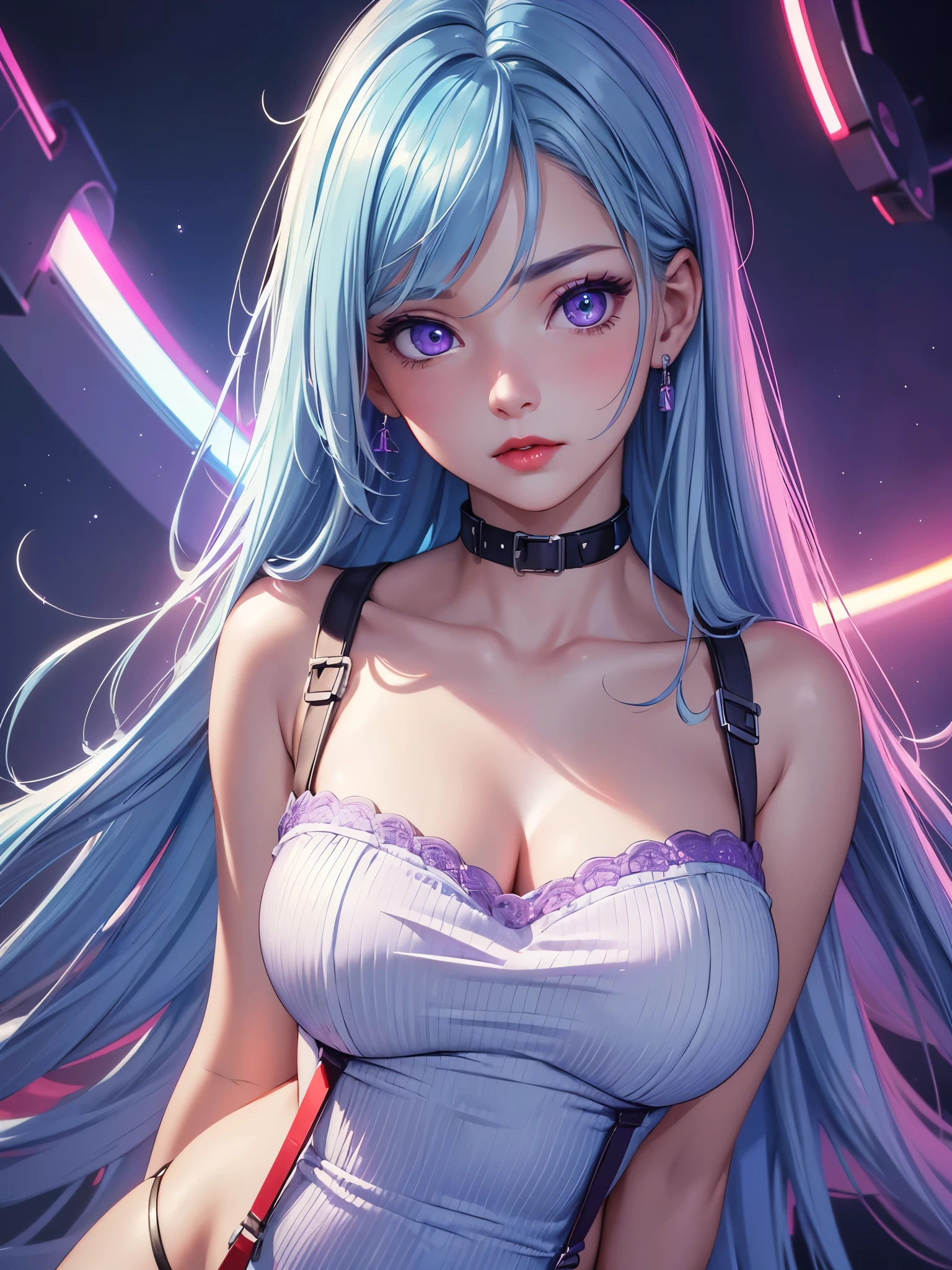 (Best quality at best,8K,A high resolution,tmasterpiece:1.2),Digital artwork, one girl，detailed face，detailed eyes，light blue hair，long straight hair，glowing purple  eyes，red lip，Suspenders