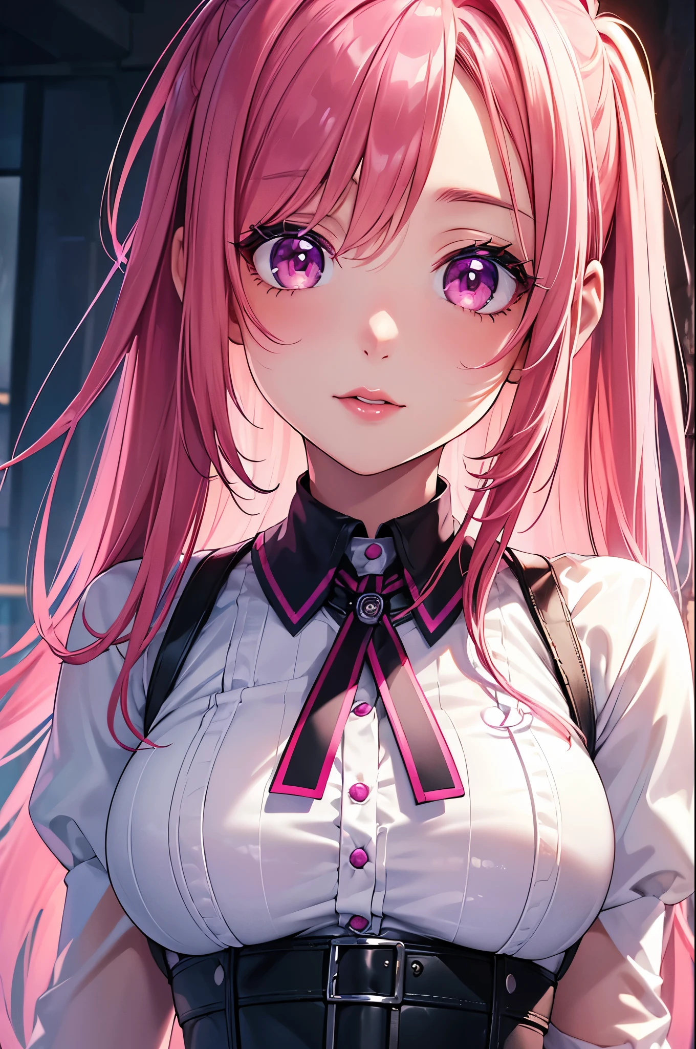 (Best quality at best,8K,A high resolution,tmasterpiece:1.2),Digital artwork, one girl，detailed face，detailed eyes，pink hair，long straight hair，glowing purple eyes，red lip，Suspenders