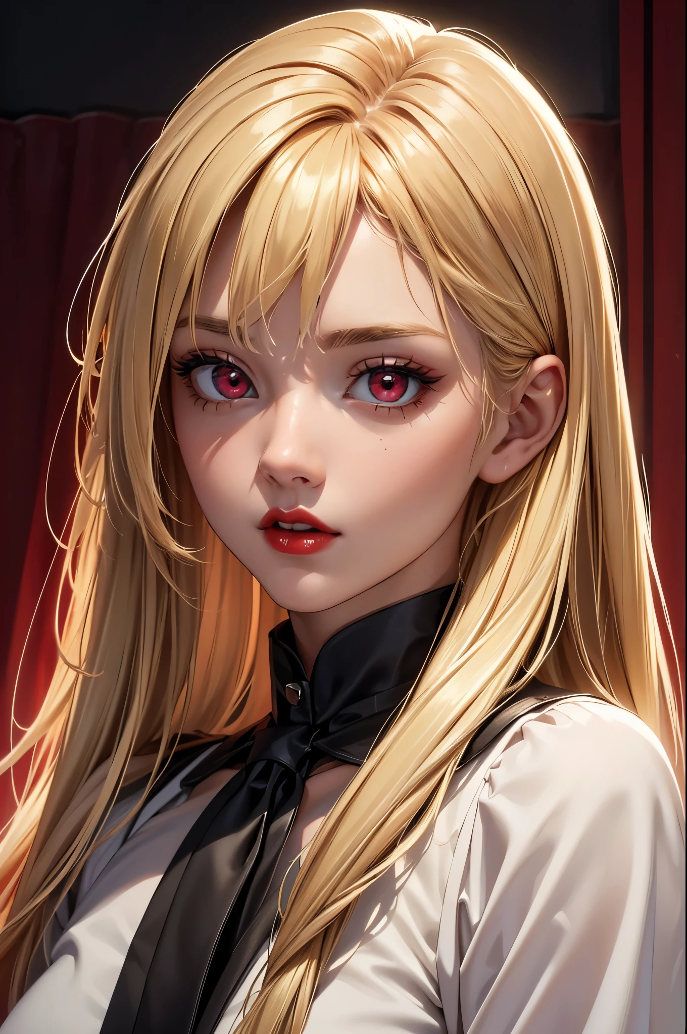 (Best quality at best,8K,A high resolution,tmasterpiece:1.2),Digital artwork, one girl，detailed face，detailed eyes，blonde hair，long straight hair，glowing red eyes，red lip，Suspenders