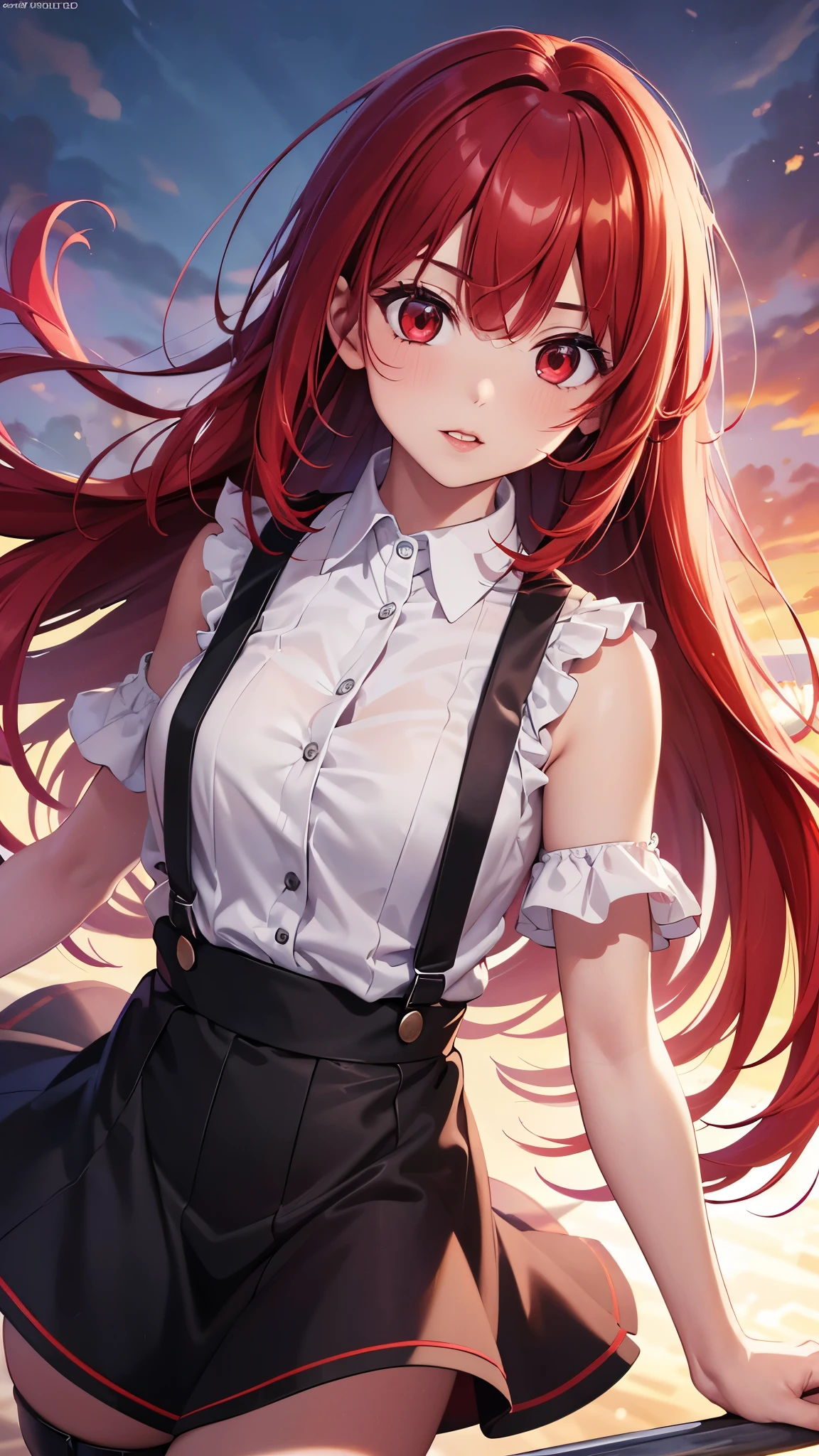 (Best quality at best,8K,A high resolution,tmasterpiece:1.2),Digital artwork, one girl，detailed face，detailed eyes，red hair，long straight hair，glowing red eyes，red lip，Suspenders