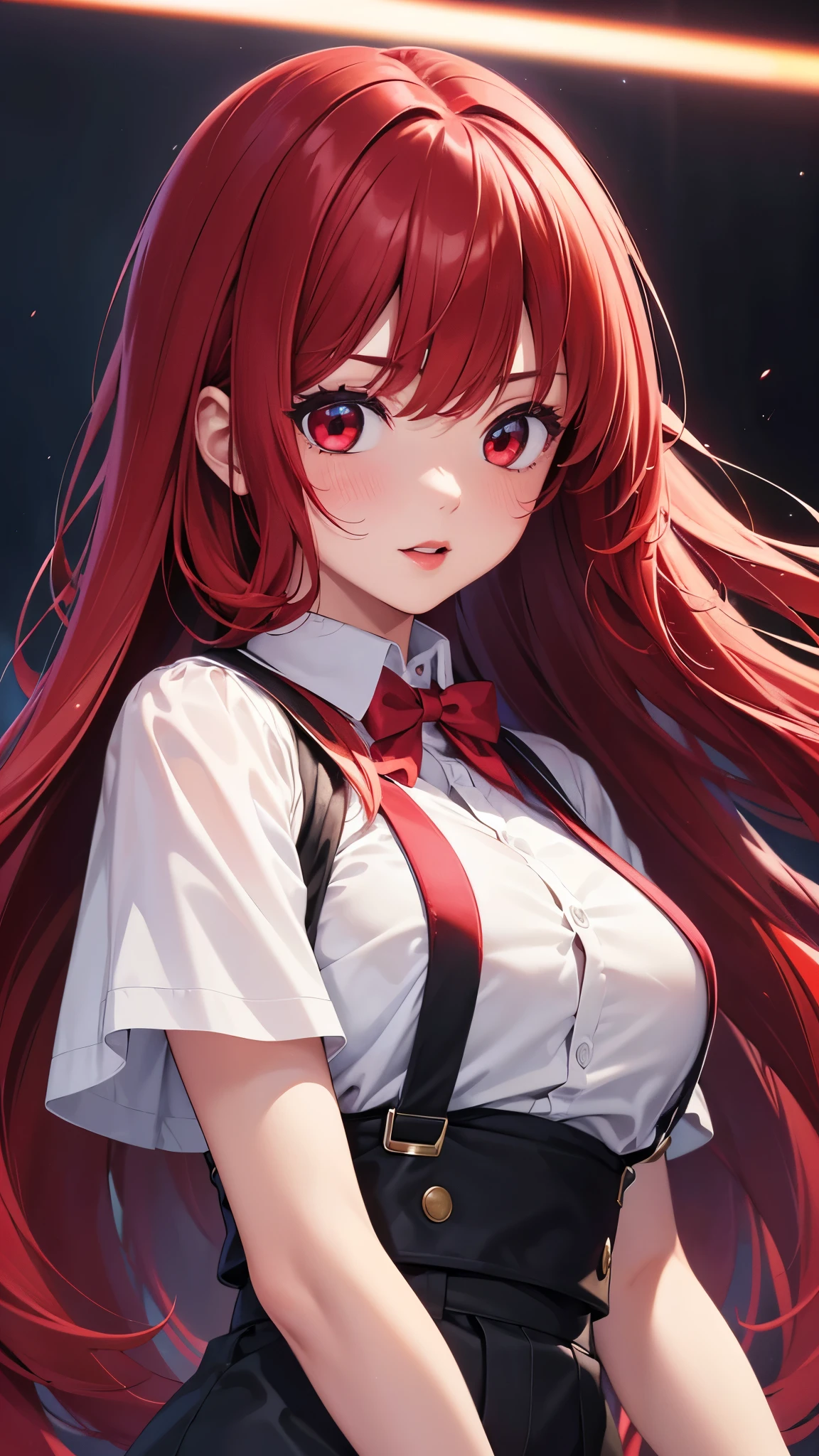 (Best quality at best,8K,A high resolution,tmasterpiece:1.2),Digital artwork, one girl，detailed face，detailed eyes，red hair，long straight hair，glowing red eyes，red lip，Suspenders