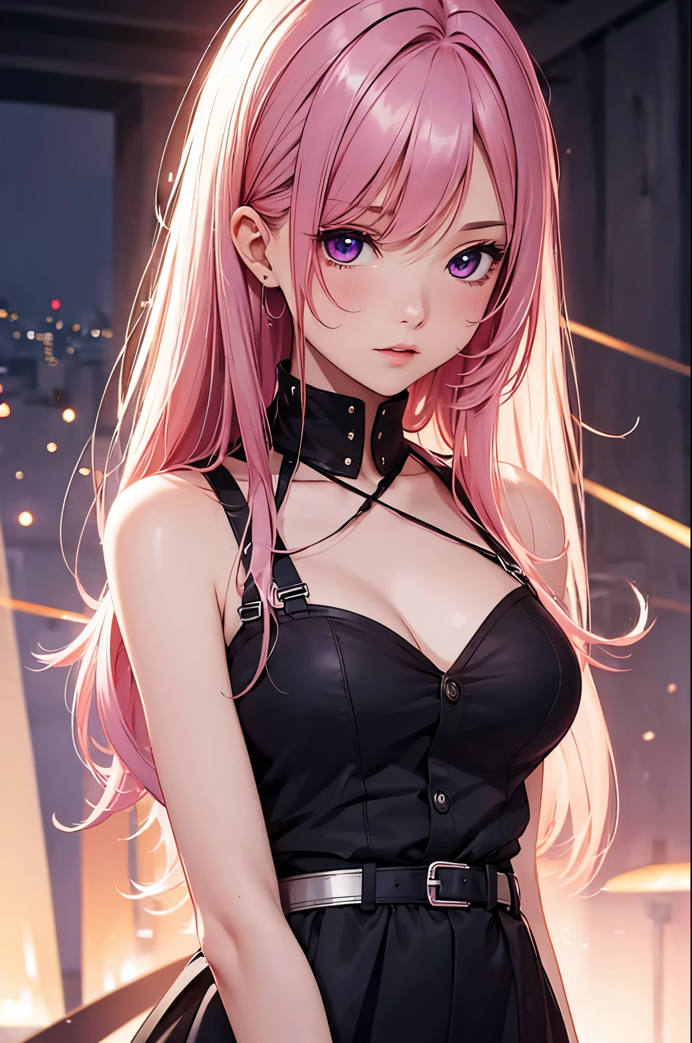 (Best quality at best,8K,A high resolution,tmasterpiece:1.2),Digital artwork, one girl，detailed face，detailed eyes，pink hair，long straight hair，glowing purple eyes，red lip，Suspenders