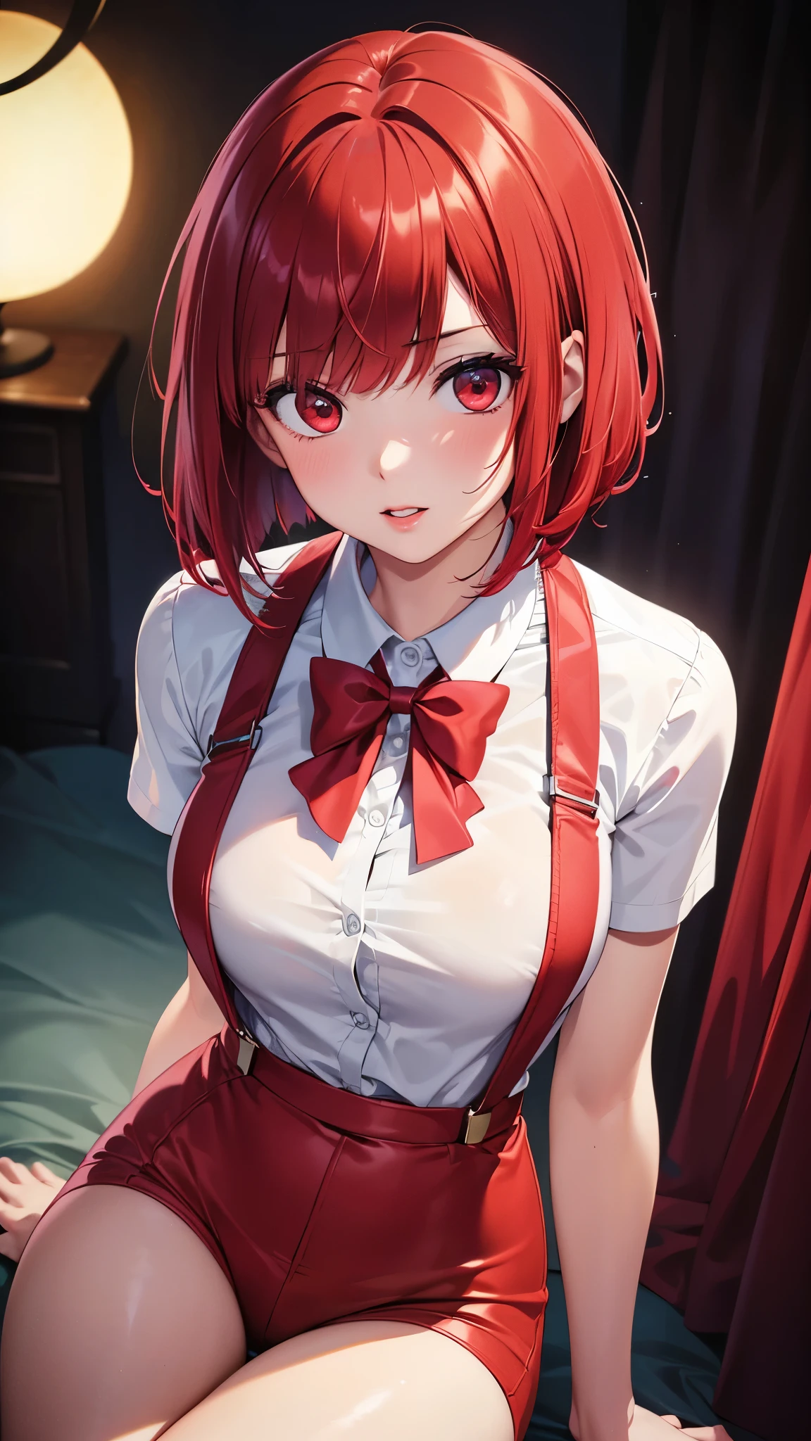 (Best quality at best,8K,A high resolution,tmasterpiece:1.2),Digital artwork, one girl，detailed face，detailed eyes，red hair，short straight hair，glowing red eyes，red lip，Suspenders