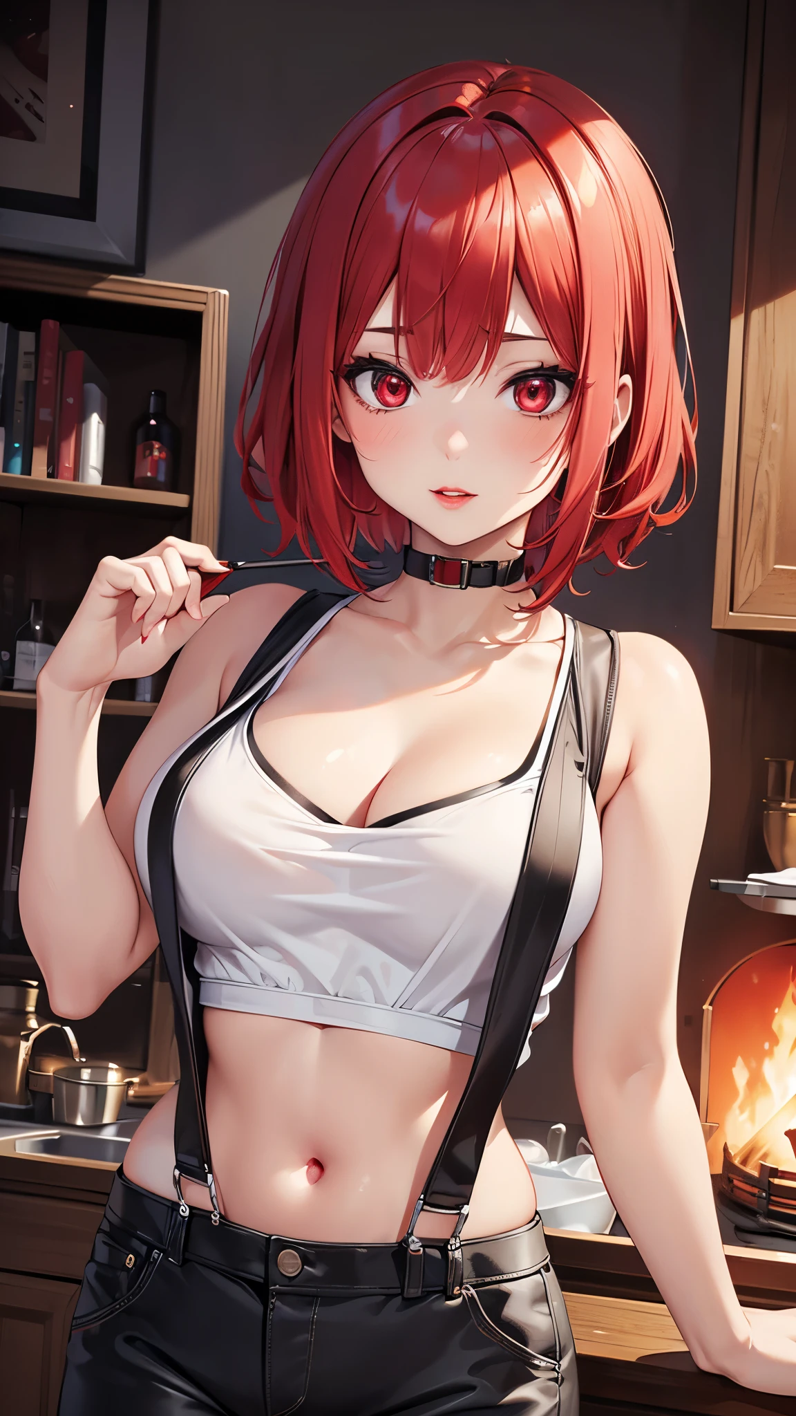 (Best quality at best,8K,A high resolution,tmasterpiece:1.2),Digital artwork, one girl，detailed face，detailed eyes，red hair，short straight hair，glowing red eyes，red lip，Suspenders