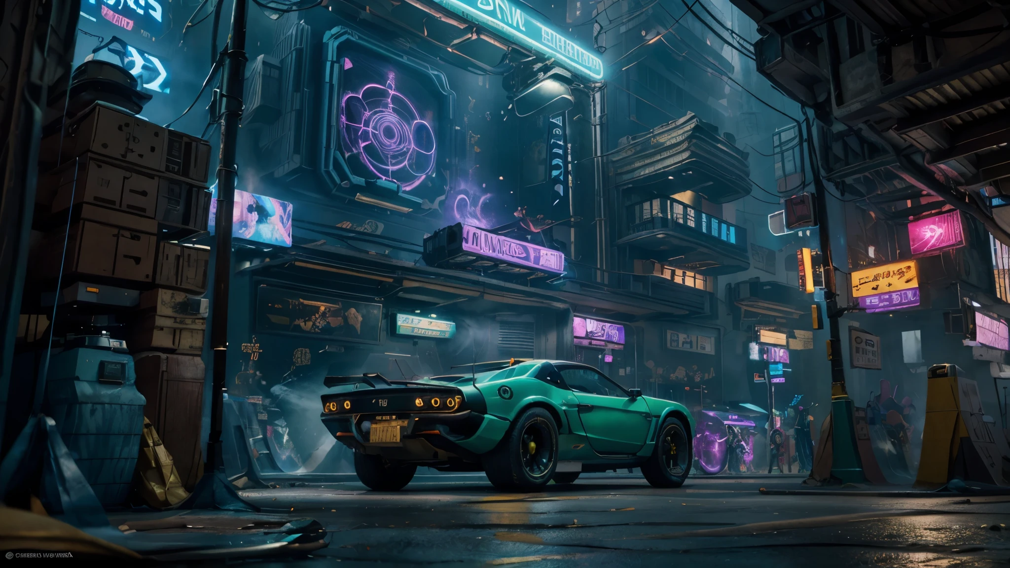 a retrofuturistic cityscape with vibrant neon lights, calles bulliciosas, y rascacielos imponentes, (mejor calidad, 4k), ultra detallado, (realista:1.37) ilustraciones digitales y representaciones 3D inspiradas en microondas (medio) Coches deportivos y motos cromados corriendo por las calles de la ciudad., dejando rayos de luz (energia alta, action packed) a huge holographic poster showing a futuristic model with luminous eyes and striking features (brillante, Cautivador) un grupo de personas elegantes y de moda, wearing neon colored clothes, Gathered around a vintage arcade machine., inmerso en juegos de realidad virtual (tendencias, dynamic) Rayos láser dynamics que atraviesan el cielo nocturno., creating an otherworldly atmosphere (Science fiction, futuristic) Synthesized music filling the air., evoking a sense of nostalgia and excitement (retro, Energetic) un cielo al atardecer con un degradado de colores pastel, casting a warm glow over the city (dreamer, atmospheric) reflejos de las luces de la ciudad brillando en la superficie de un lago tranquilo, adding a sense of serenity to the scene (reflexivo, peaceful) Un mural de graffiti de estilo retro en el costado de un edificio., depicting a futuristic dystopian landscape (arenoso, urban) destellos de lente sutiles y efectos bokeh suaves, improving the dreamlike quality of the image (cinematographic, ethereal) the interaction of vibrant colors, como el azul electrico, Rosa caliente, and neon green, creating a visually striking composition (vistoso, llamativo) the city bathed in soft, luz difusa, giving the scene a magical and encantador ambiance (mystic, encantador)