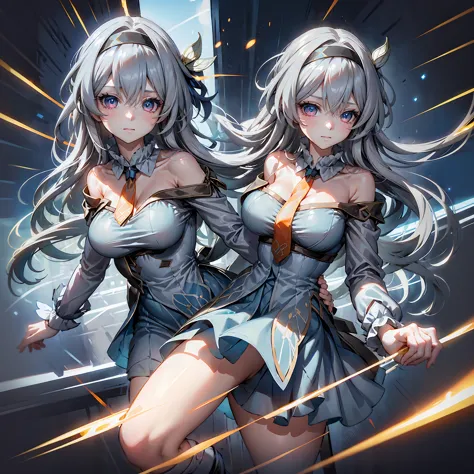 (masterpiece,best quality)best resolusion,2head:1.5,1 girl,firefly character,long gray hair,gray eyes,head accessories,wearing a...