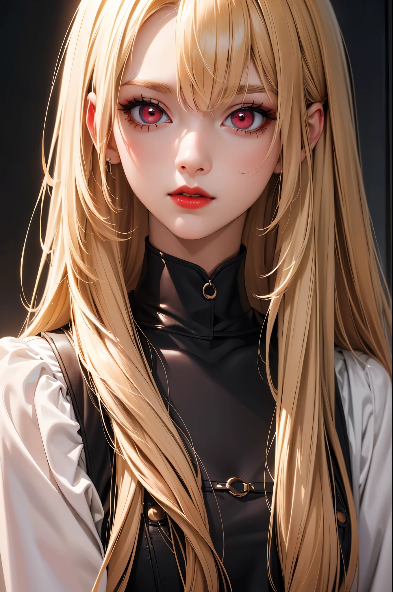 (Best quality at best,8K,A high resolution,tmasterpiece:1.2),Digital artwork, one girl，detailed face，detailed eyes，blonde hair，long straight hair，glowing red eyes，red lip，Suspenders