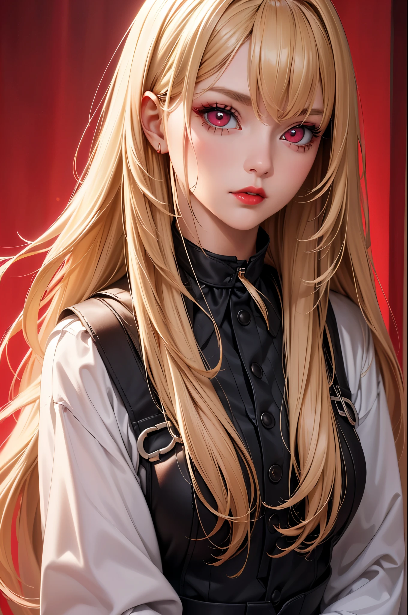 (Best quality at best,8K,A high resolution,tmasterpiece:1.2),Digital artwork, one girl，detailed face，detailed eyes，blonde hair，long straight hair，glowing red eyes，red lip，Suspenders