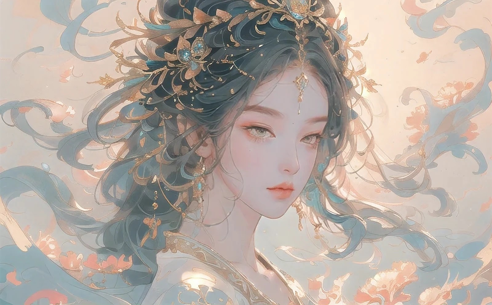 best quality,ultra-detailed,realistic,portrait,underwater goddess,beautiful detailed eyes,beautiful detailed lips,flowing hair,serene expression,pearl accents,golden fish tail,sparkling scales,seaweed crown,coral jewelry,ethereal lighting,colorful ocean backdrop,vivid colors,shimmering waves,gentle sunlight,tranquil atmosphere
