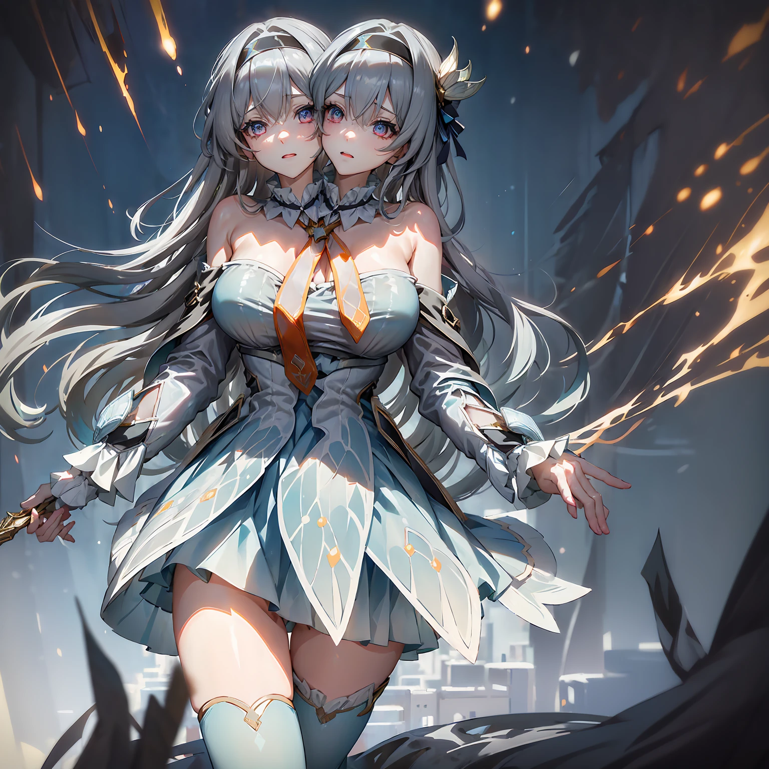 (masterpiece,best quality),best resolusion,2head:1.5,1 girl,firefly character,long gray hair,gray eyes,Head accessories,wearing a blue dress with white on the sleeves and under the chest and black cloth on the shoulders with gold patterns,wearing a two-pronged orange tie,normal breasts,The thighs of the legs are covered with blue cloth with the top edge being white,simple background,beautiful face,beautiful hair,beautiful eyes,beautiful body, beautiful hand