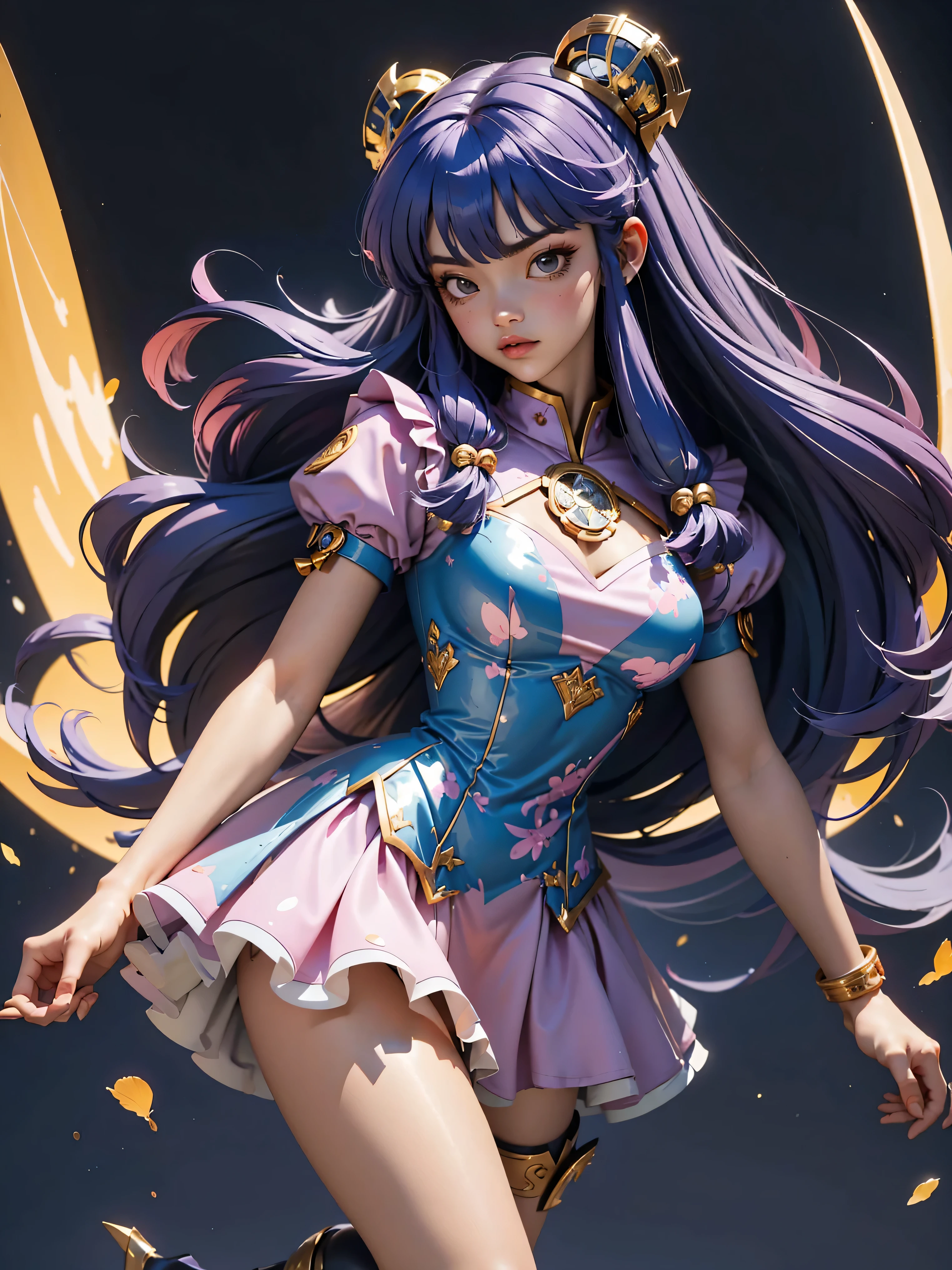 Anime girl aux cheveux violets avec une armure métallique violette, 16 ANS, beau corps, gros seins, position de combat, position de combat, fille sexy, cheveux violets, bel éclairage, ombres douces, yeux bleus, belles jambes, Cheveux longs, style animé, Ranma chan, Autora Rumiko Takahashi, D&#39;après une œuvre de Rumiko Takahashi, Anime Ranma 1/ 2, déco sexy, hanche robuste, tout le corps, tout le corps, gros buste, jeune fille avec un beau et beau corps, petite jeune fille, robe d&#39;armure métallique violette, fille animée, style animé, cheveux violets, belle lumière, armure en métal brillant, bottes noires aux pieds, longues bottes noires aux pieds