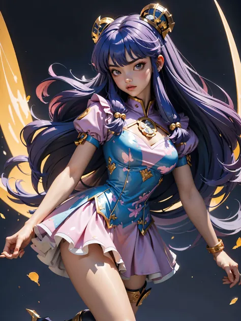 Garota anime cabelo purple com armadura metalica purple, 16 anos, corpo bonito, seios grandes, postura de luta, postura de comba...