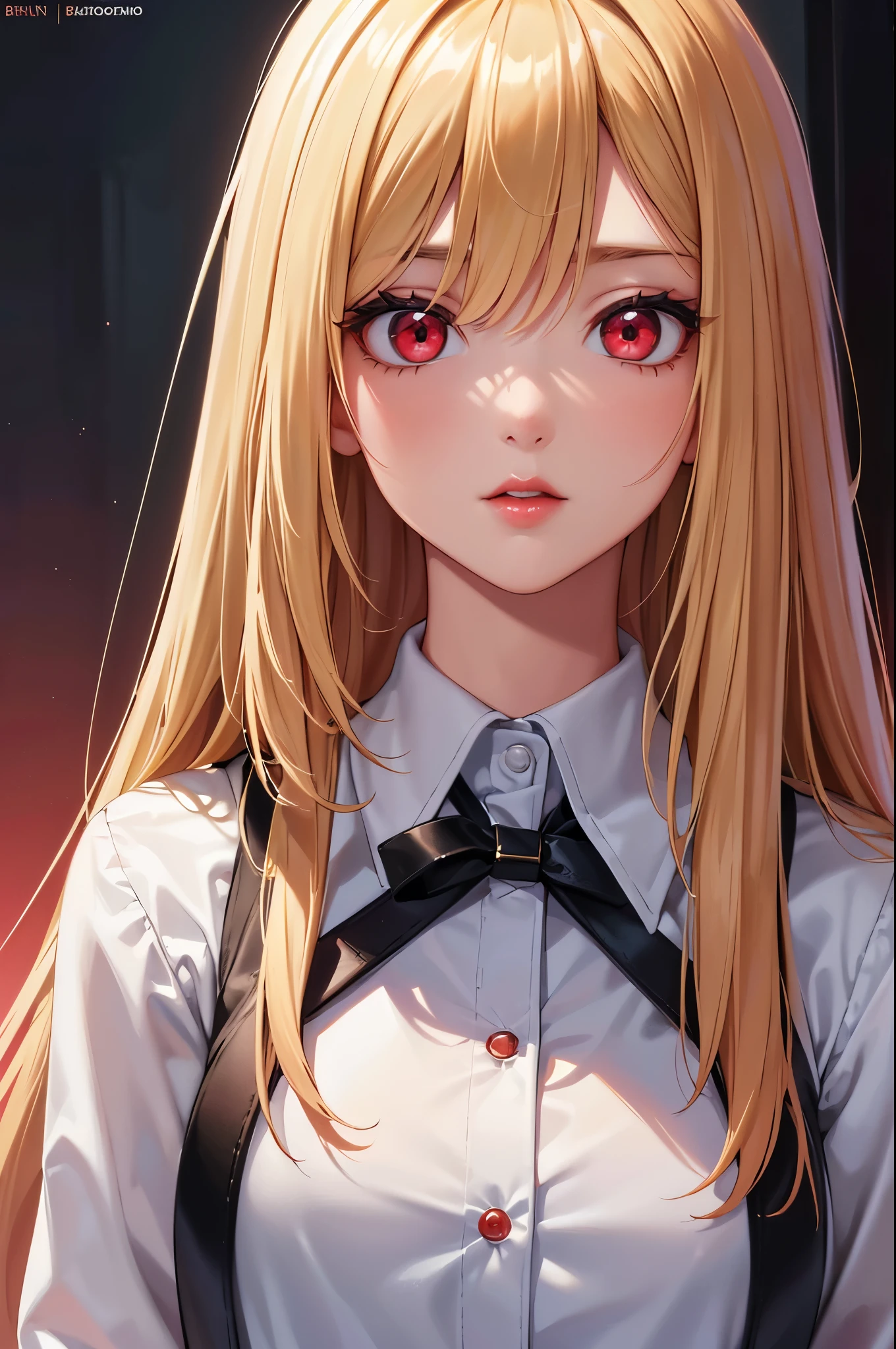 (Best quality at best,8K,A high resolution,tmasterpiece:1.2),Digital artwork, one girl，detailed face，detailed eyes，blonde hair，long straight hair，glowing red eyes，red lip，Suspenders