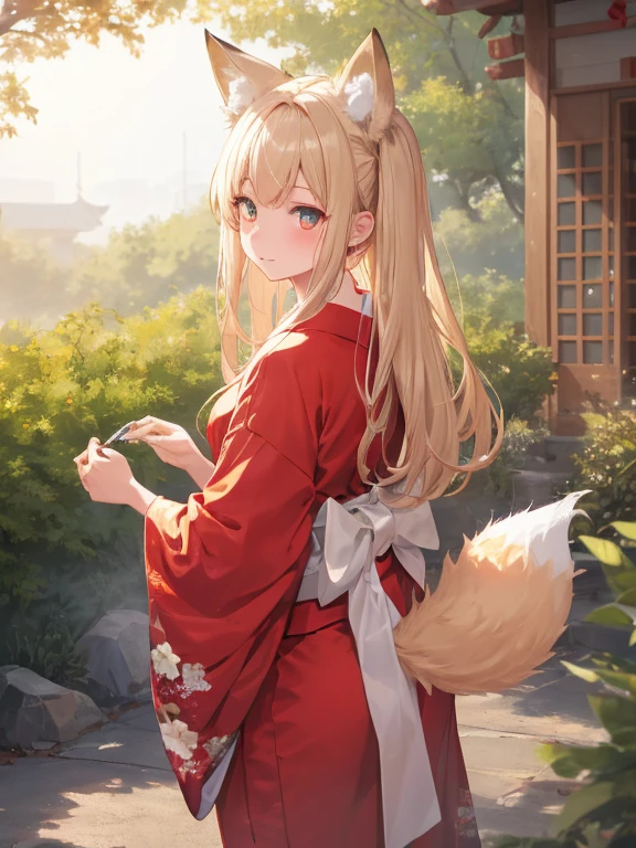 masterpiece, highest quality, Very detailed, 16k, Ultra-high resolution, Cowboy Shot, One 14-year-old girl, Detailed face, Perfect Fingers, Fox Ears, tail, Golden Eyes, Blonde, Long Hair, Red kimono, Japanese garden, Gravel road, Big Stone, Plants, take a walk