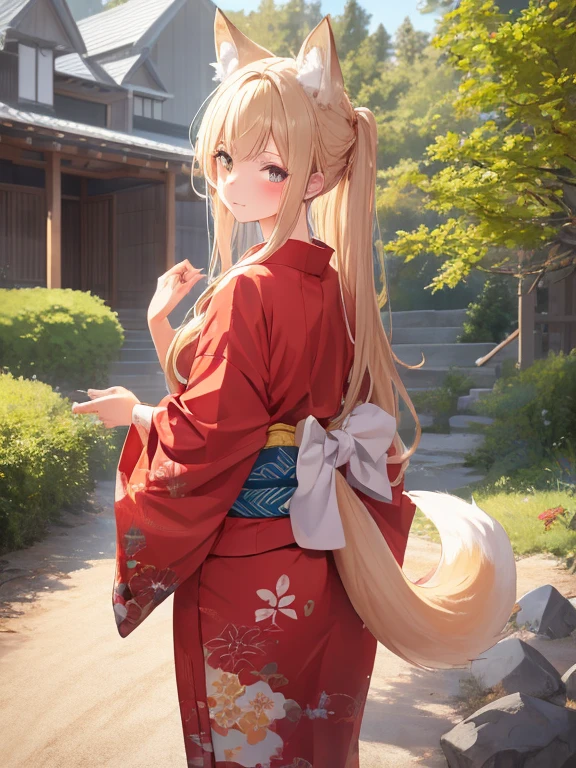 masterpiece, highest quality, Very detailed, 16k, Ultra-high resolution, Cowboy Shot, One 14-year-old girl, Detailed face, Perfect Fingers, Fox Ears, tail, Golden Eyes, Blonde, Long Hair, Red kimono, japanese mansion, Japanese garden, be covered by a fence, Gravel road, Big Stone, Plants, take a walk