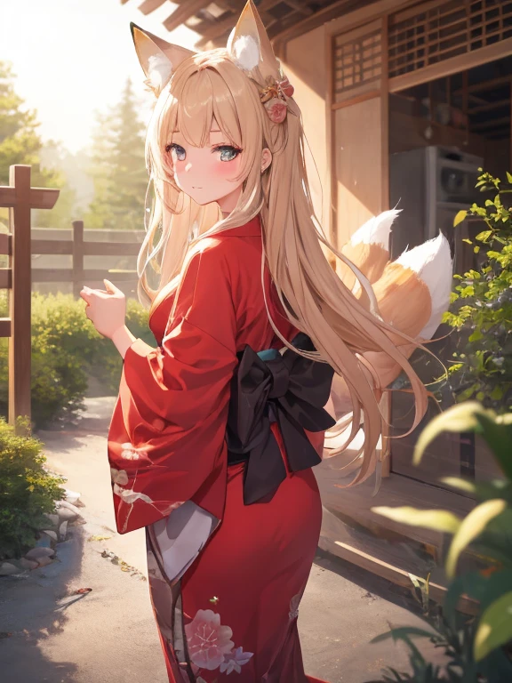 masterpiece, highest quality, Very detailed, 16k, Ultra-high resolution, Cowboy Shot, One 14-year-old girl, Detailed face, Perfect Fingers, Fox Ears, tail, Golden Eyes, Blonde, Long Hair, Red kimono, japanese mansion, Japanese garden, be covered by a fence, Gravel road, Big Stone, Plants, take a walk