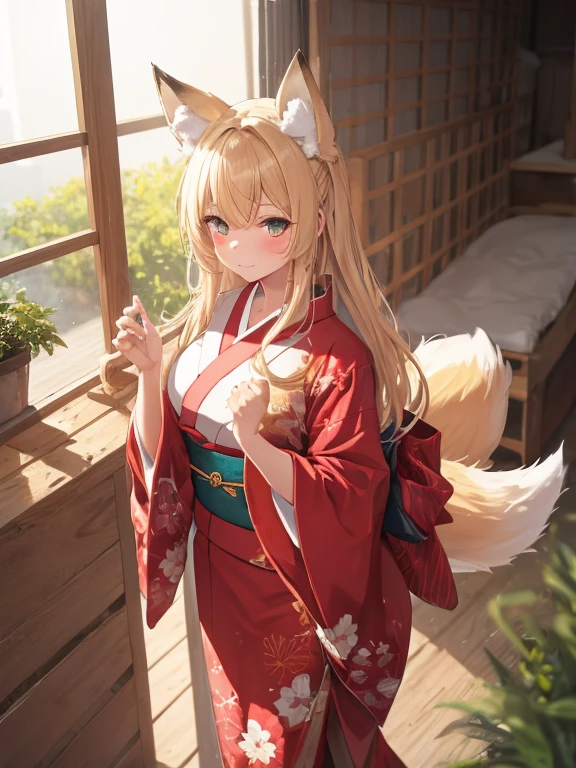 masterpiece, highest quality, Very detailed, 16k, Ultra-high resolution, Cowboy Shot, One 14-year-old girl, Detailed face, Perfect Fingers, Fox Ears, tail, Golden Eyes, Blonde, Long Hair, Red kimono, japanese mansion, wooden building, Japanese garden, Ishigaki, Gravel road, Big Stone, Plants, take a walk