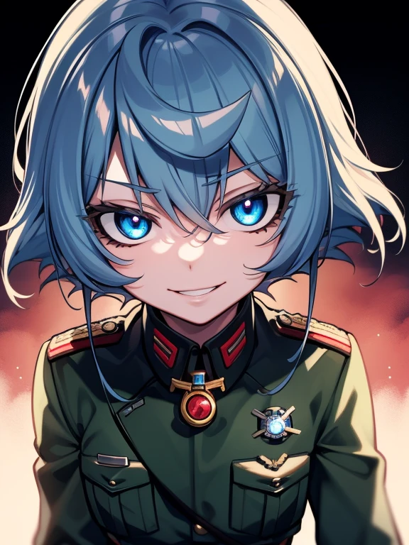 Degurechaff, military uniform, smile, teen, blue eyes, psychotic eyes, detailed face, vibrant colors, sharp focus, intense lighting, surrealistic atmosphere, wartime setting, magical elements