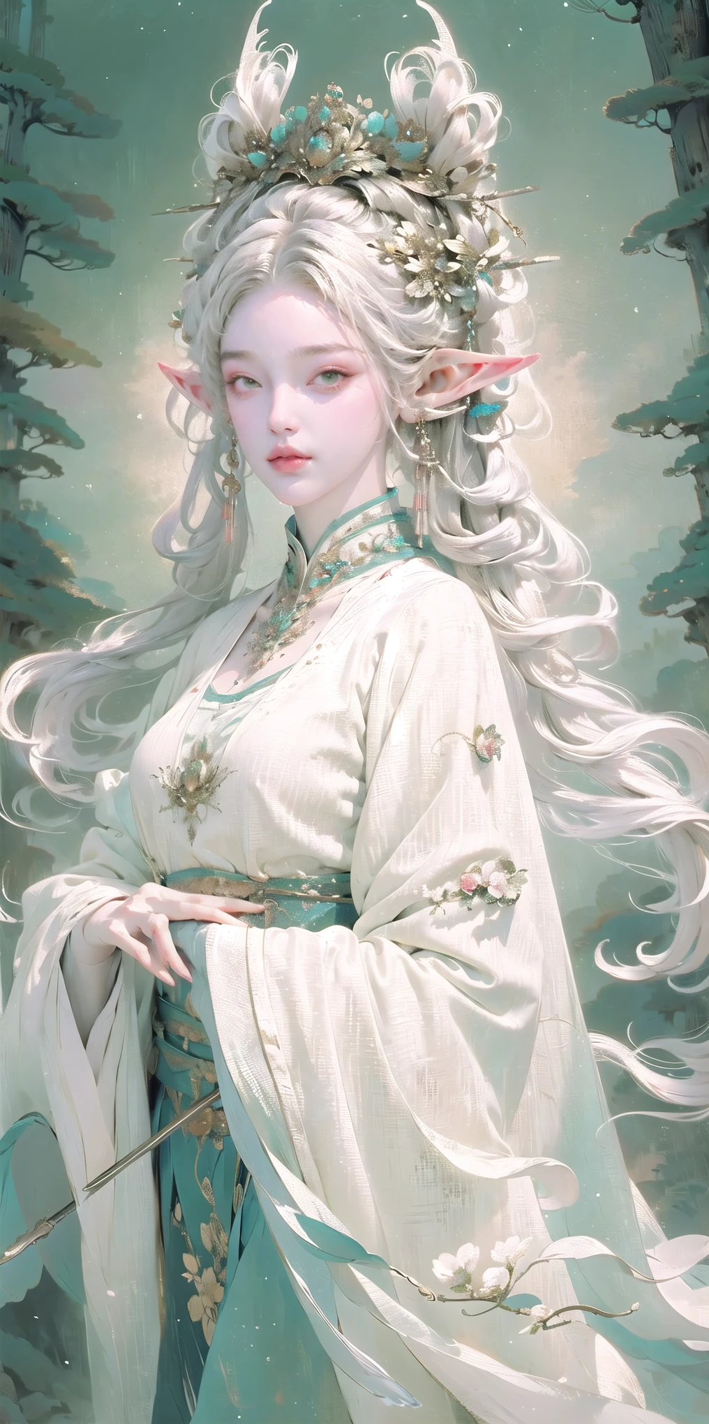 best quality,ultra-detailed,realistic,portrait,white gown,elf mage,staff,white twin tails,enchanted forest scenery,mystical lighting,fantasy,ethereal,colorful,soft pastel tones